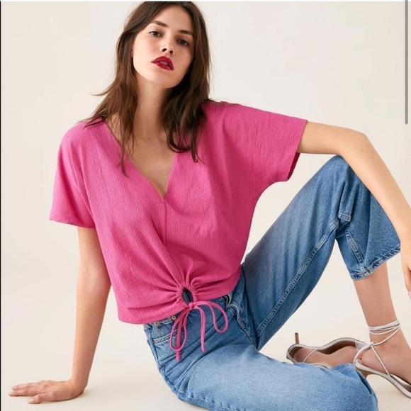 Zara Tops - Zara Pink Short Sleeve Drawstring V Neck Relaxed Crop Top Women's Size Small S